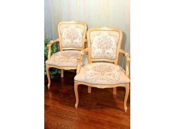 Pair Of Louis XV Style Armchairs With Tapestry Fabric & Gilt Arms