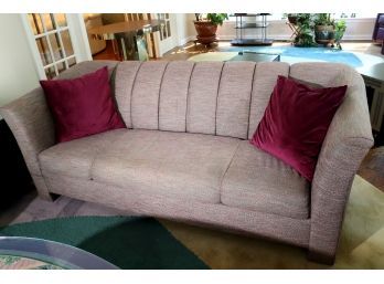 Vintage Art Deco Style Sofa With Nubby Fabric & Channel Upholstered Seat Back