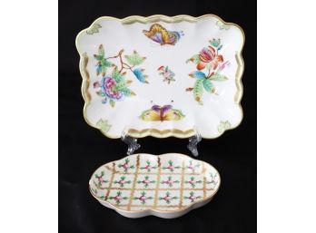 Two Beautiful Herend Porcelain Hand Painted Dishes With Butterflies & Bud Roses