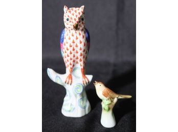 Vintage Herend Red Fishnet Porcelain Owl On Branch & Small Bird