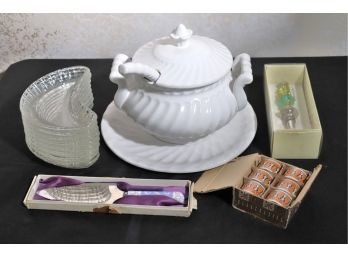 Portugal Ceramic Tureen & Under-plate, 8 Bone Dishes & Assorted Extras
