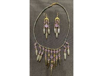 Pretty Costume Beaded Necklace With Tassels And Matching Earrings