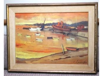 Vintage Oil Painting Signed Lindenfeld Of Boats In The Harbor