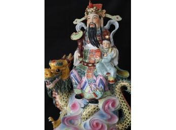 Spectacular Large Chinese Porcelain Sculpture Of Emperor On Dragon