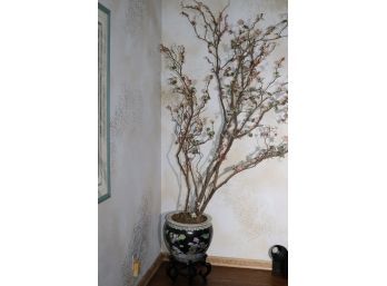 Fabulous Silk Cherry Tree Branches In Asian Porcelain Planter On Stand