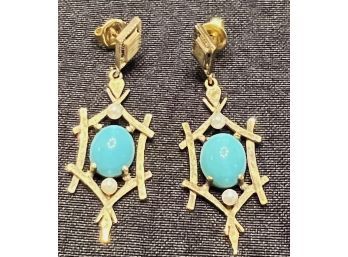 14K YG PAIR OF ABSTRACT EARRINGS W TURQUOISE AND PEARL GARNISHMENTS