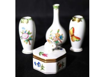 76.Lot Of 4 Small Herend Porcelain Decorative Pieces With Vases & Trinket Box
