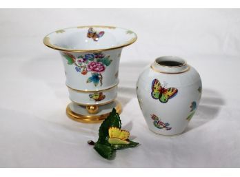 Lot Of 3 Herend Porcelain Decorative Pieces Featuring Butterflies. Elegant Footed Urn, Vase & More