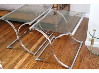 Pair Of Very Cool Looking Side Tables With Chrome Bases, Glass Top & Brass Accents