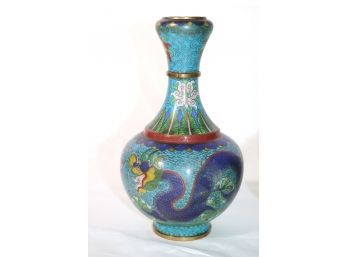 Amazing Vintage Cloisonn Vase Depicting Dragons On A Rich Blue Background