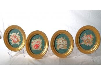 Lot Of 4 Hand Painted Asian Collages In Gold Oval Frames