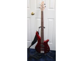 Very Cool Vintage Red Lacquered Yamaha Bass Guitar With Serial Number Stand