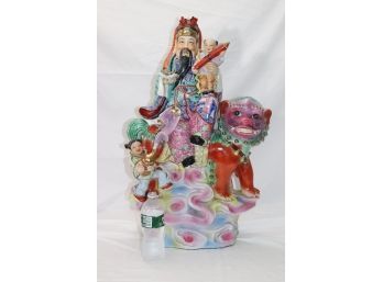 Extraordinary Large Chinese Porcelain Statue Of Emperor & Children Atop Hand Painted Foo Dog