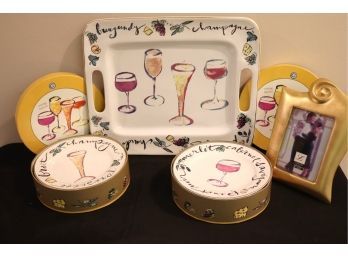 Its Time For Wine & Cheese Lot With Ceramic Platter, Salad Plates & Picture Frame