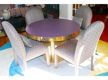 Vintage 1980s Era Glamorous Center Table & 4 Chairs. Table Has Gold Mirrored Edge & Pedestal Base