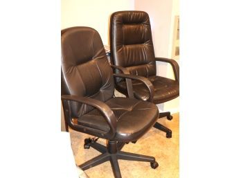 Two Black Leather & Faux Leather Swivel Office Chairs