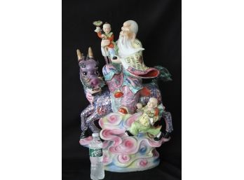 Extraordinary Large Chinese Porcelain Sculpture Of Wise Man & Children On Dragon