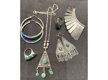 6 PC STERLING LOT WITH EARRINGS, PENDANT, CHAIN, RINGS AND PIN SEE DETAILS