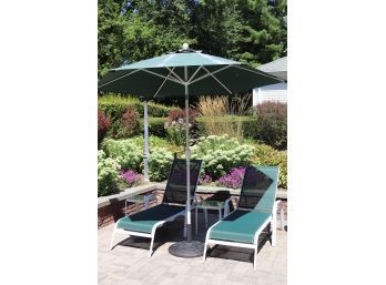 Pair Of Hampton Bay Lounge Chairs, 2 Side Tables & Folding Poolside Umbrella