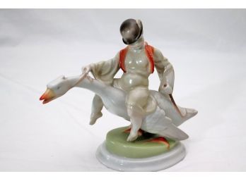 Vintage Herend Porcelain Figurine Of Boy Riding A Goose