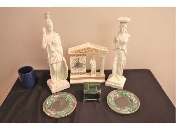 Lot With 2 Classical Greek Figurines, Clock, Stained Glass Box & 6 Hand Painted Plates