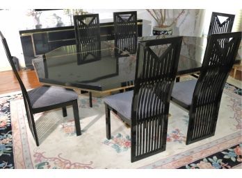 Black Lacquer & Brass Inlay Dining Room Table & 6 Chairs