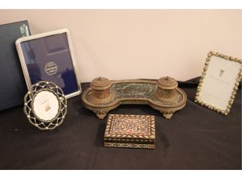 Antique Marble & Brass Inkwell, Picture Frames & Inlaid Box
