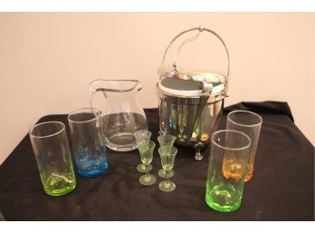 Silver Plated Ice Bucket, Glass Pitcher & Colorful Water Glasses