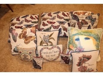 Lot Of Decorative Vintage Throw Pillows With Butterfly Designs In Assorted Sizes.