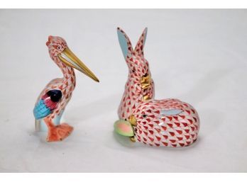Adorable Small Herend Porcelain Red Fishnet Bunnies & Stork Figurines