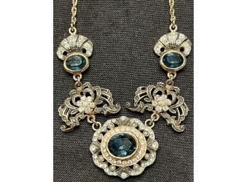16' Sterling / Gold Tone Necklace With Blue Topaz Stones