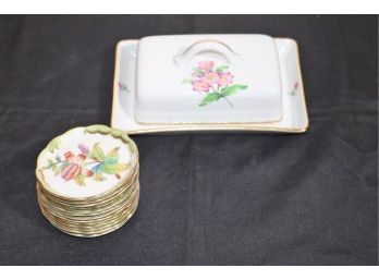 Herend Porcelain Butter Dish & 13 Small Herend Plates