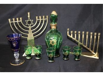 Lot Of Judaica With 2 Brass Menorah & Hand Painted Decanter With Glasses