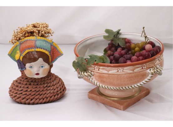 Hand Painted Pottery Planter Sculpture Of A Lady With A Headpiece & Beautiful Jakubo Modelo Cb103 Fruit Bowl