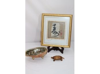 Long Life Framed Asian Symbol Print On A Matted Frame Vintage Metal Turtle Ashtray & Abalone Shell Bowl