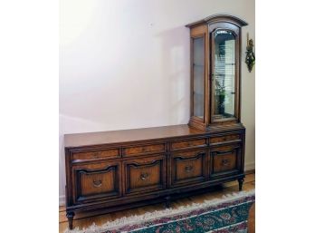 Credenza & Wood Cabinet With Glass Doors- 2 Separate Pieces