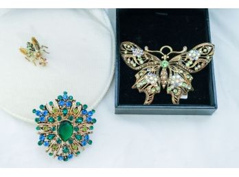 Stunning Sparkling Butterfly Pendant, Flying Bug & Fabulous Blue/Green Brooch With Green Stone Sparkly