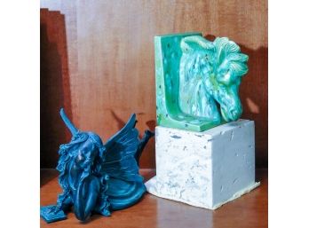 Pair Of Bookends, One Piece Has Chipping Signed On The Back By The Artist Includes Resin Cherub With Hallmark