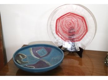 Hand Painted Signed Kosta Boda Art Glass Plate & Eccentric Art Inspired Fruit Bowl