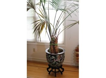 Vintage Asian Style Planter With Palm Plant, Includes A Small Wood Stand