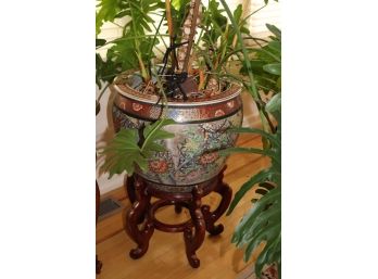 Large Vintage Asian Style Planter Amazing Floral Design With Hallmark On Bottom Includes A Wood Stand