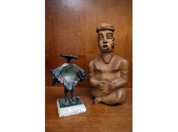 Small Patinated Copper Sheet Sculpture Of A Man With Sombrero Signed On Base & Carved Wood Tribal Sculpture