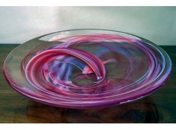 Large Pink Swirl Art Glass Dish By Kosta Boda  13  Inch Diameter