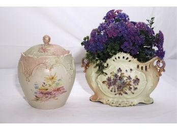 Victorian Hand Painted Biscuit Jar Made In Austria Whitehall Mark & Crown & Planter With Floral Decor