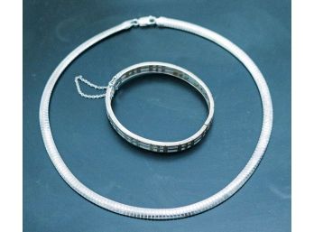 Sterling Silver Cuff Bracelet With Safety Clasp & Thick Sterling 925 Necklace