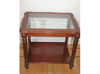Small Wood Side Table With A Beveled Glass Top & Metal Floret Detailing
