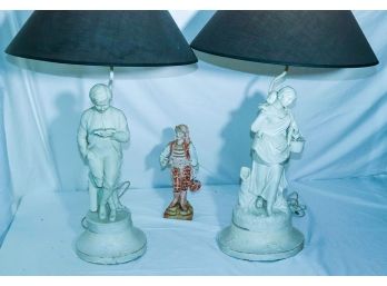 Vintage Portrait Lamps Made & Small Porcelain Bisque Figurine Marked With 2 Blue Lines On Bottom