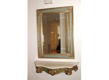 Fabulous Wall Mirror With Distressed Patinated Finish/Beveled Edge & Floating Console Ledge With A Marble Top
