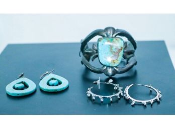 Beautiful Sterling Bracelet With Turquoise Stone Insert, Dangle Earrings & Hoop Earrings With Dangling Accents