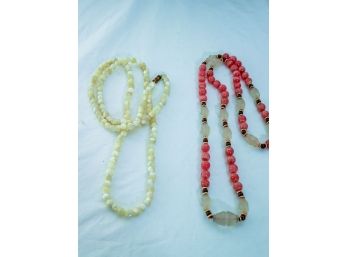 Rose Quartz Beaded Necklace With Gold Bead Accents & Long Beaded Coral Necklace
